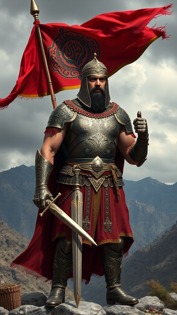 A Powerful Sassanian Soldier with Flag and Spear