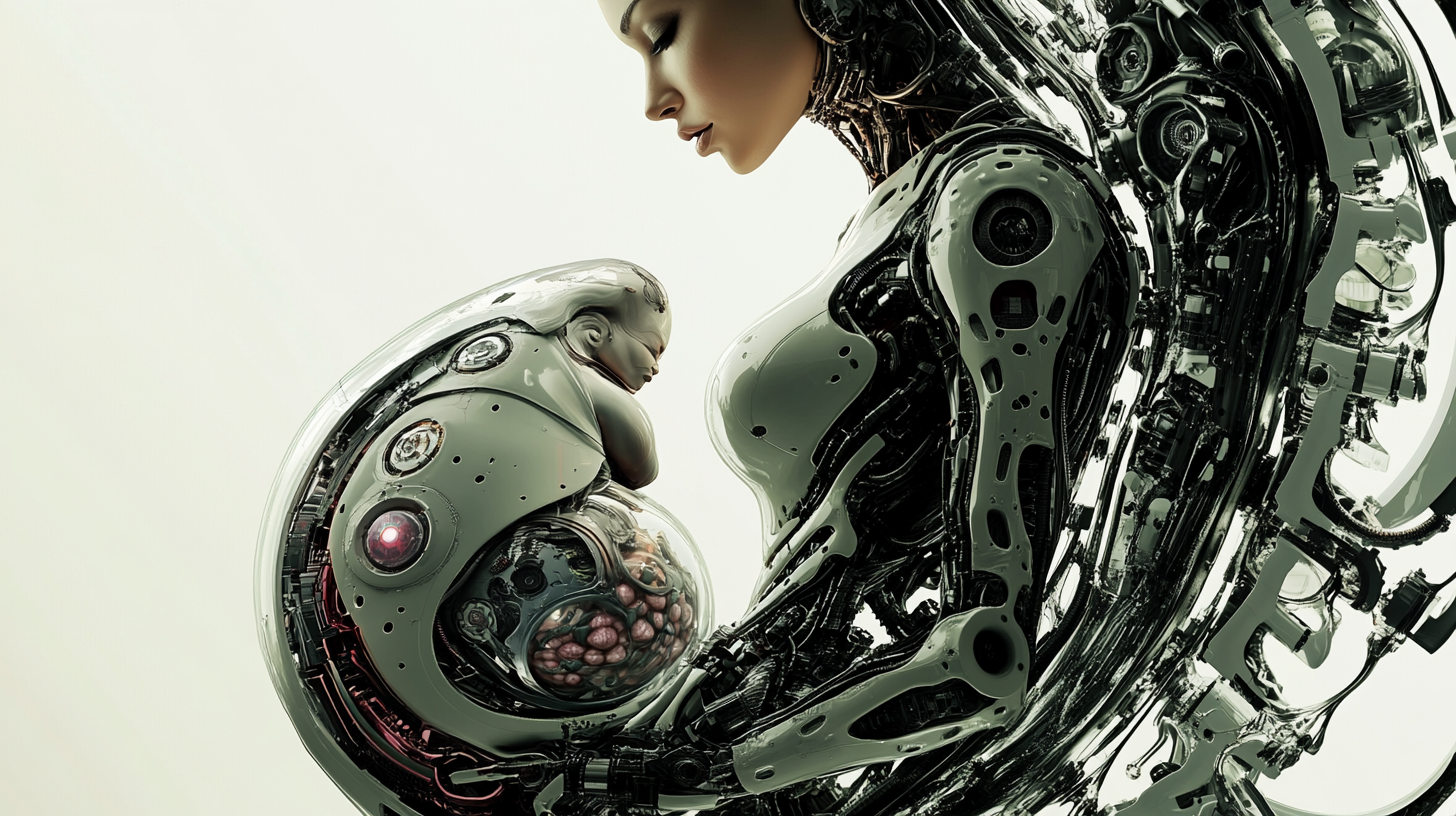 A Pregnant Robot Woman in Profile View