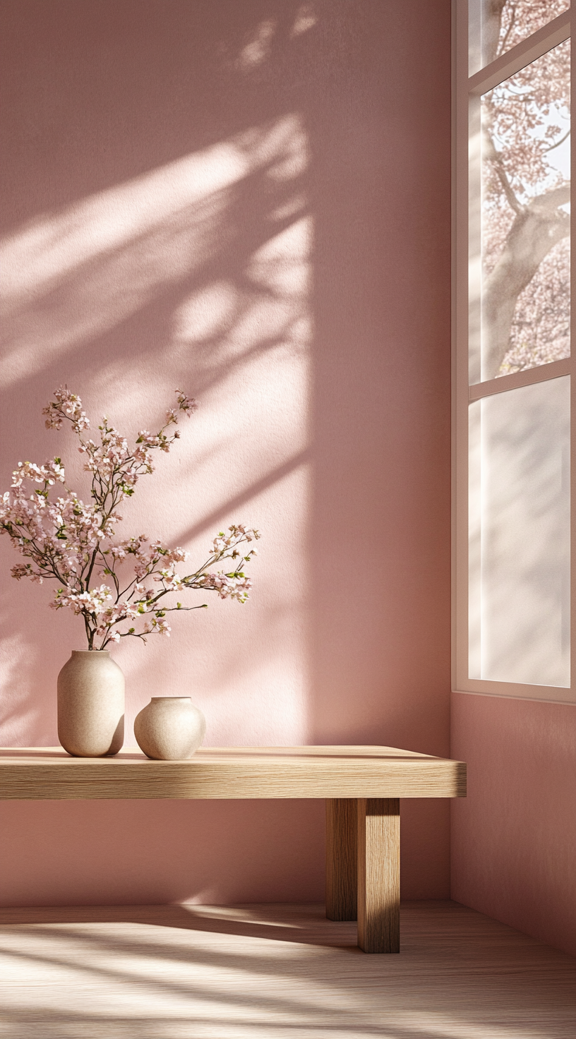 A Pretty Pink Room with Wooden Table