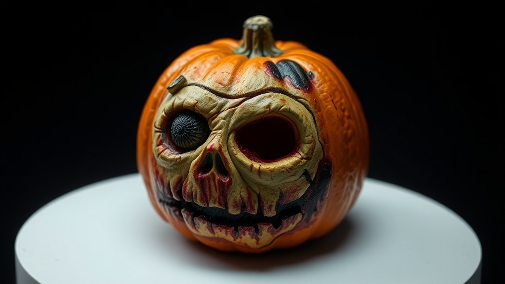 A Pumpkin Painted as Decaying Zombie with Missing Eye