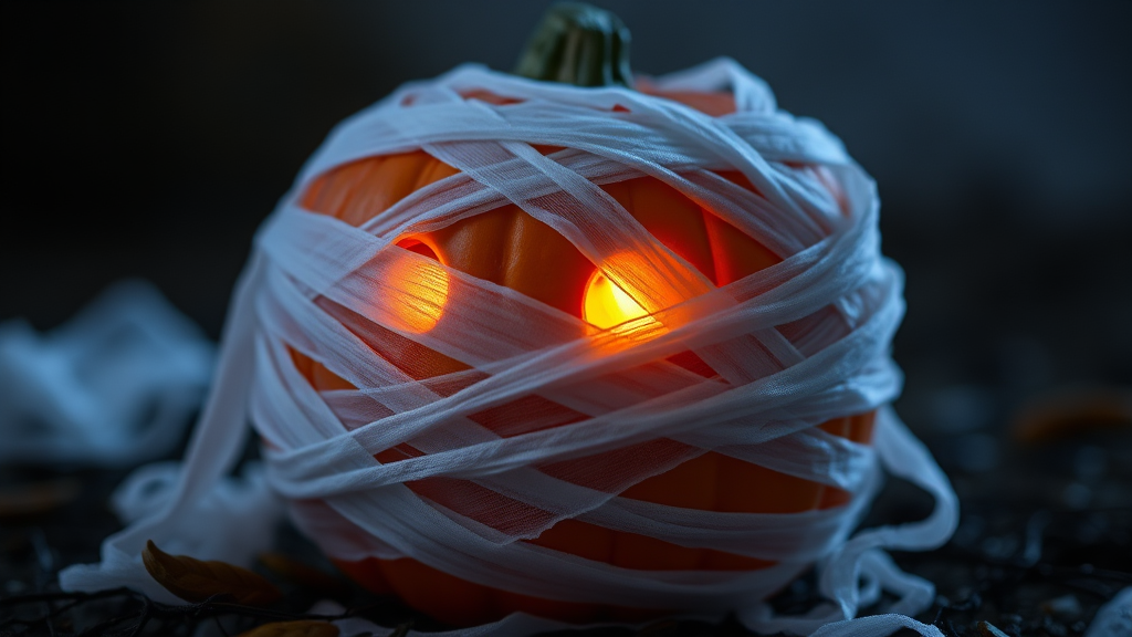 A Pumpkin with Glowing Eyes wrapped in Gauze.