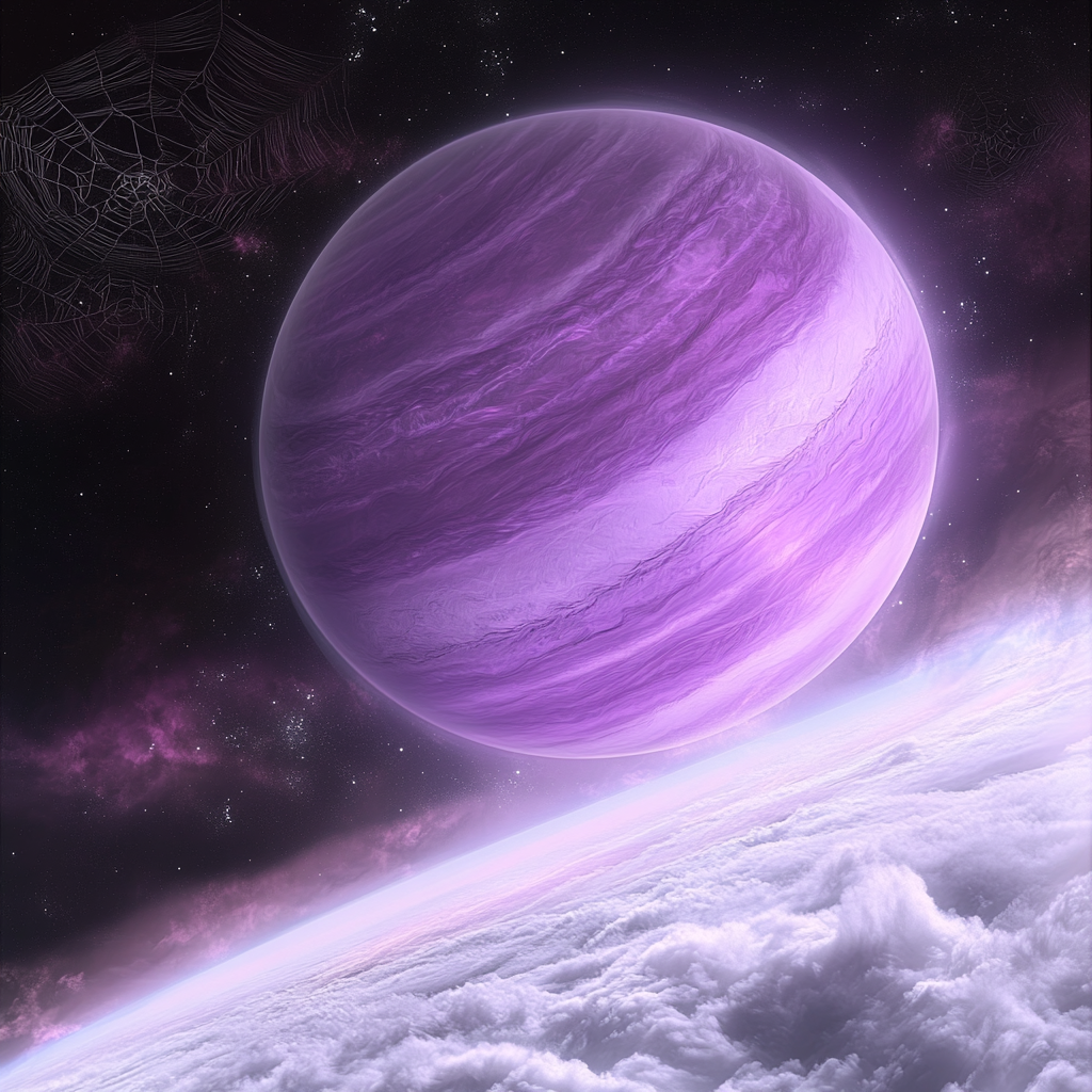 A Purple Gas Giant with Silver Spider Webs