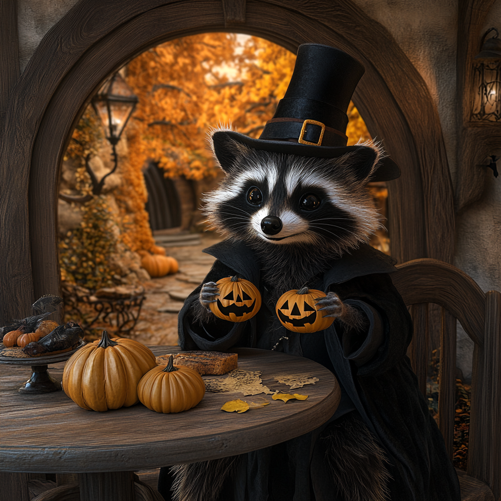 A Raccoon's Fantastical Halloween in a Hobbit House