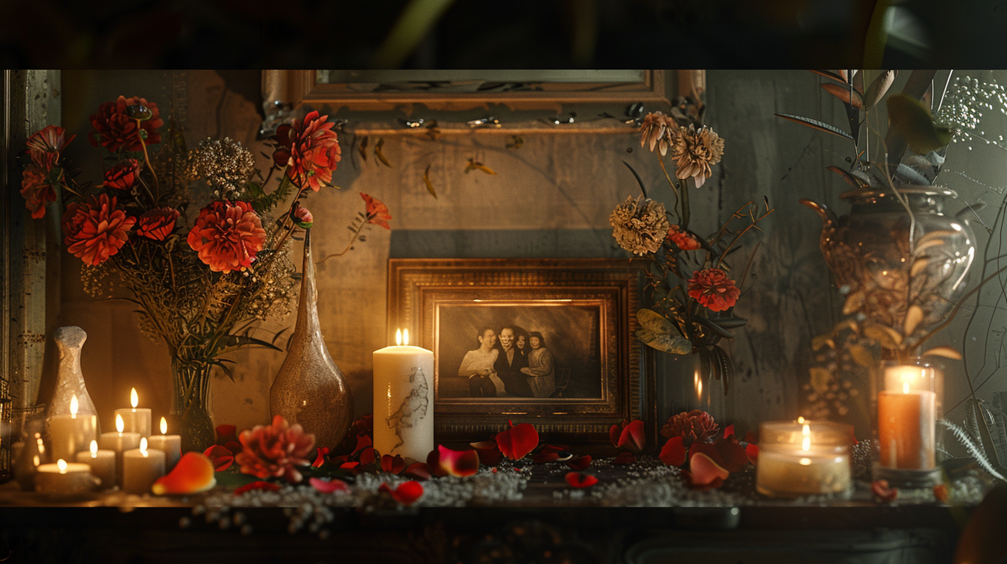 A Realistic Home Altar with Flowers and Candles.