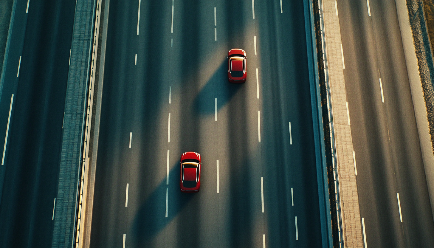 A Red Car Driving on Empty Lane