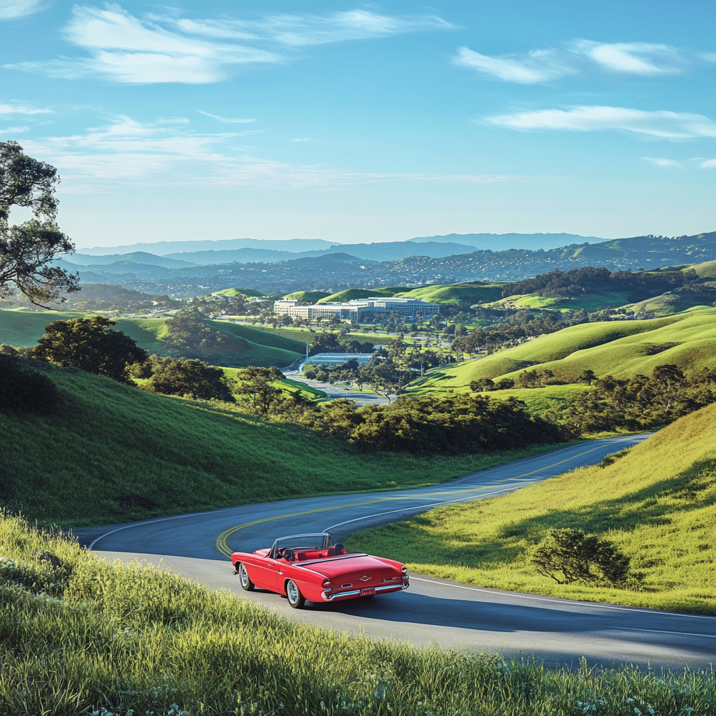 A Red Convertible Driving Through Silicon Valley Hills.