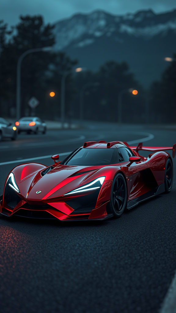 A Red Futuristic Super Race Car at Night