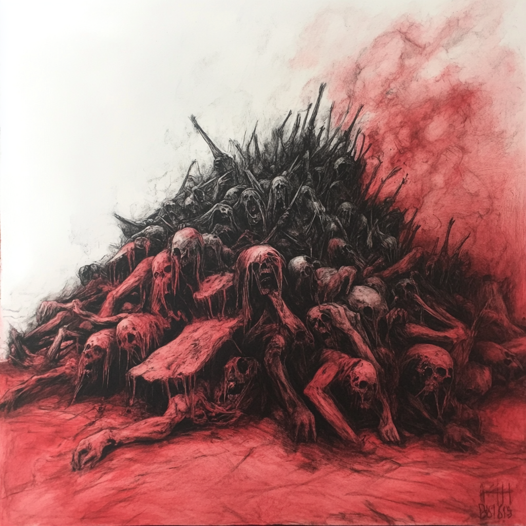 A Red and Black Charcoal Drawing of Endless Meat Pile of Screaming People