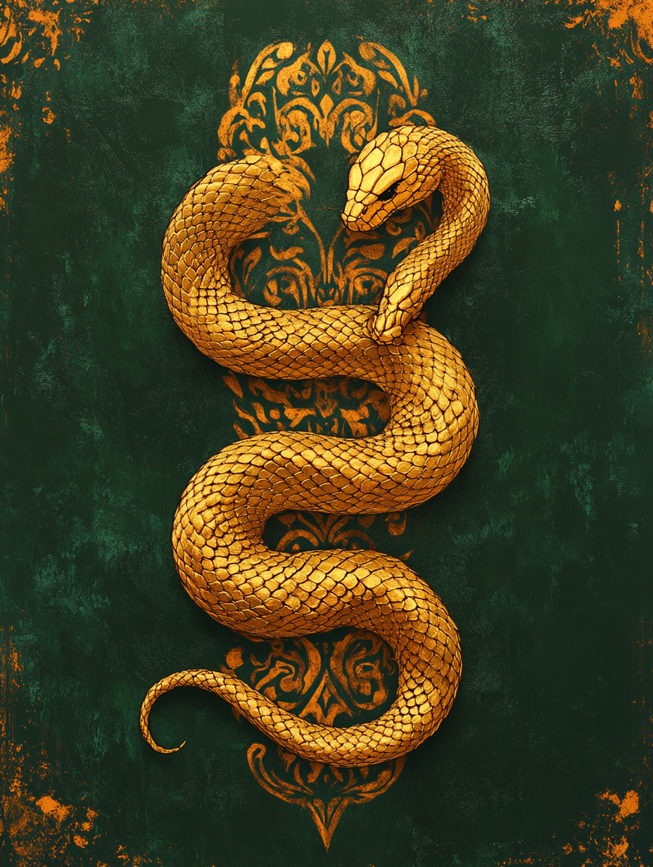 A Regal Gold Snake Emblem on Green Background