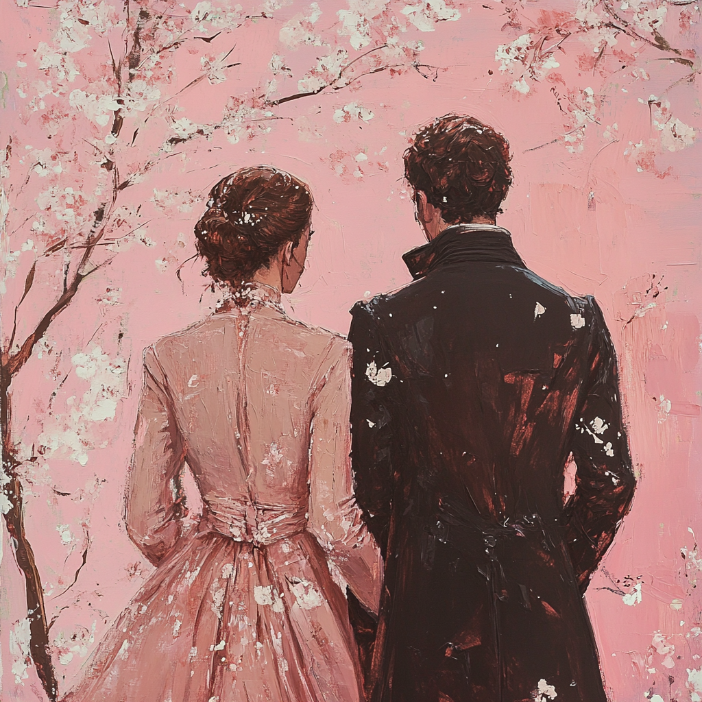 A Regency Couple Walks Among Cherry Blossoms