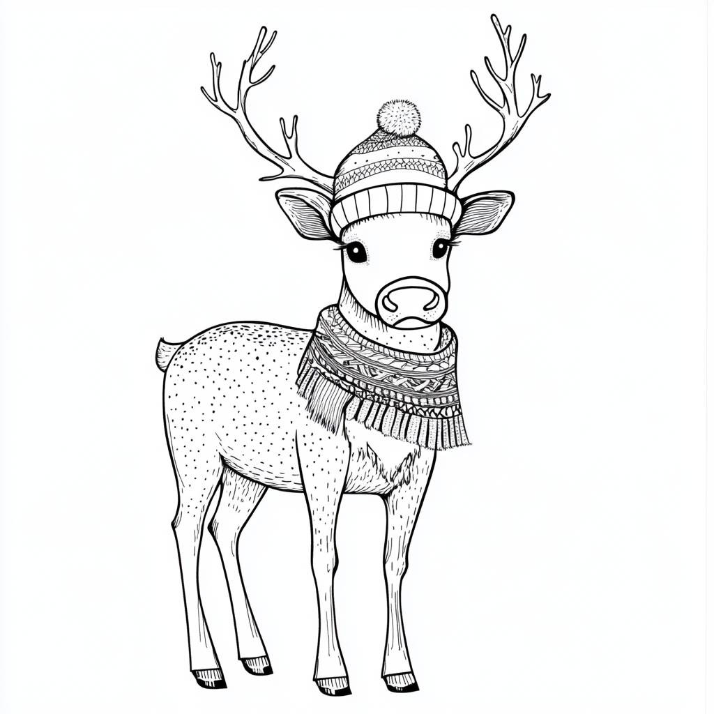 A Reindeer Coloring Page with Hat and Scarf