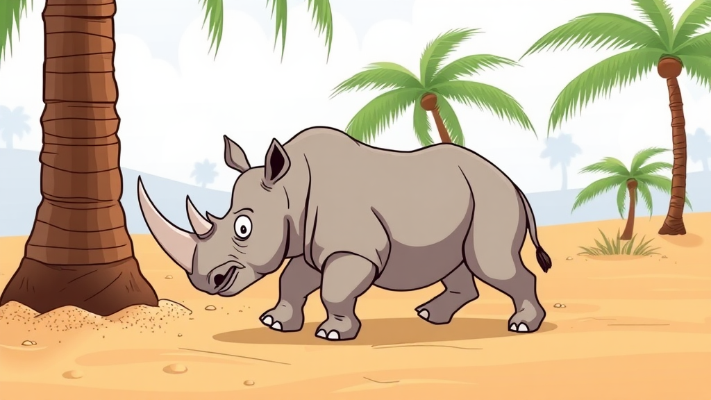 A Rhino walks in the sand near a tree.