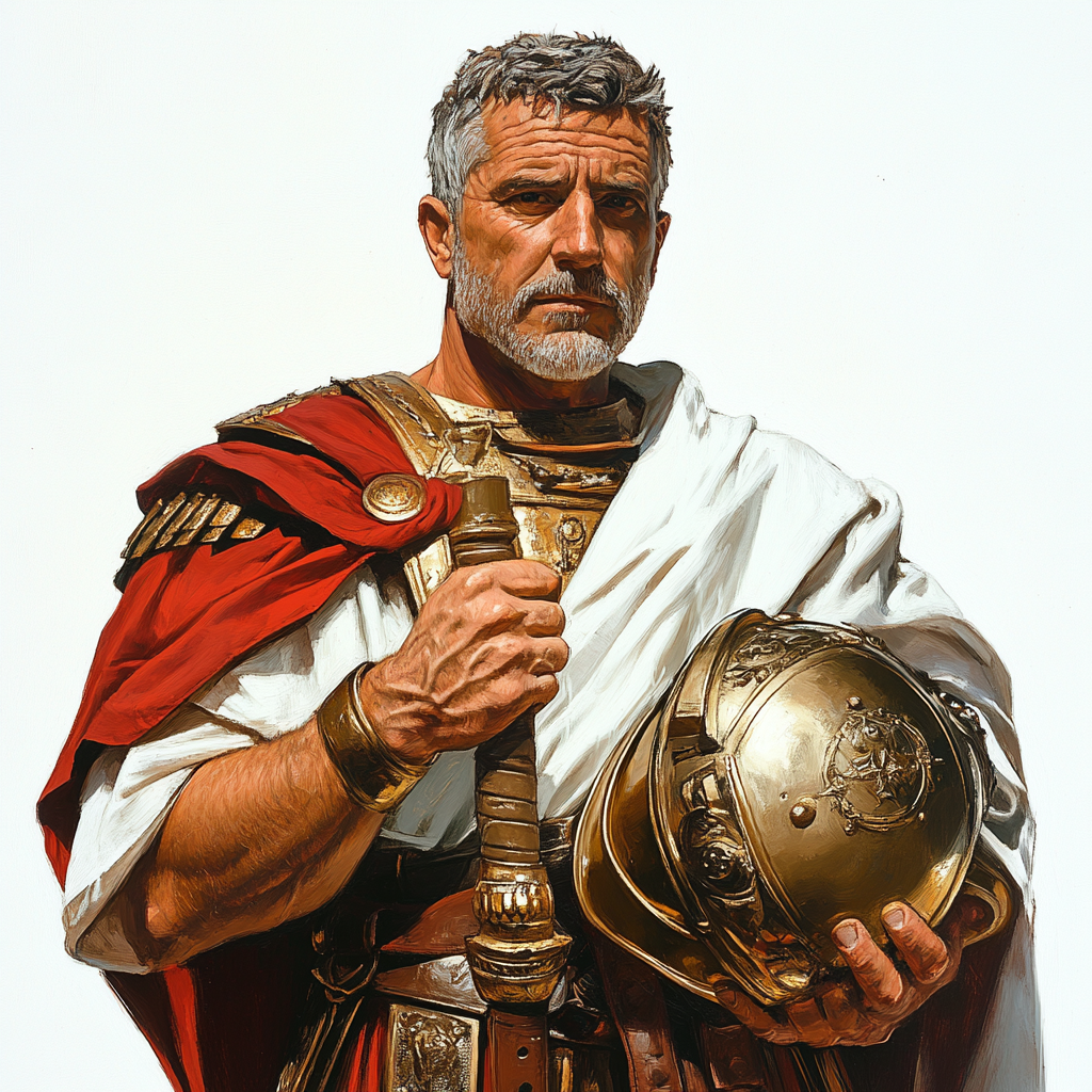 A Roman scholar holds a centurion helmet