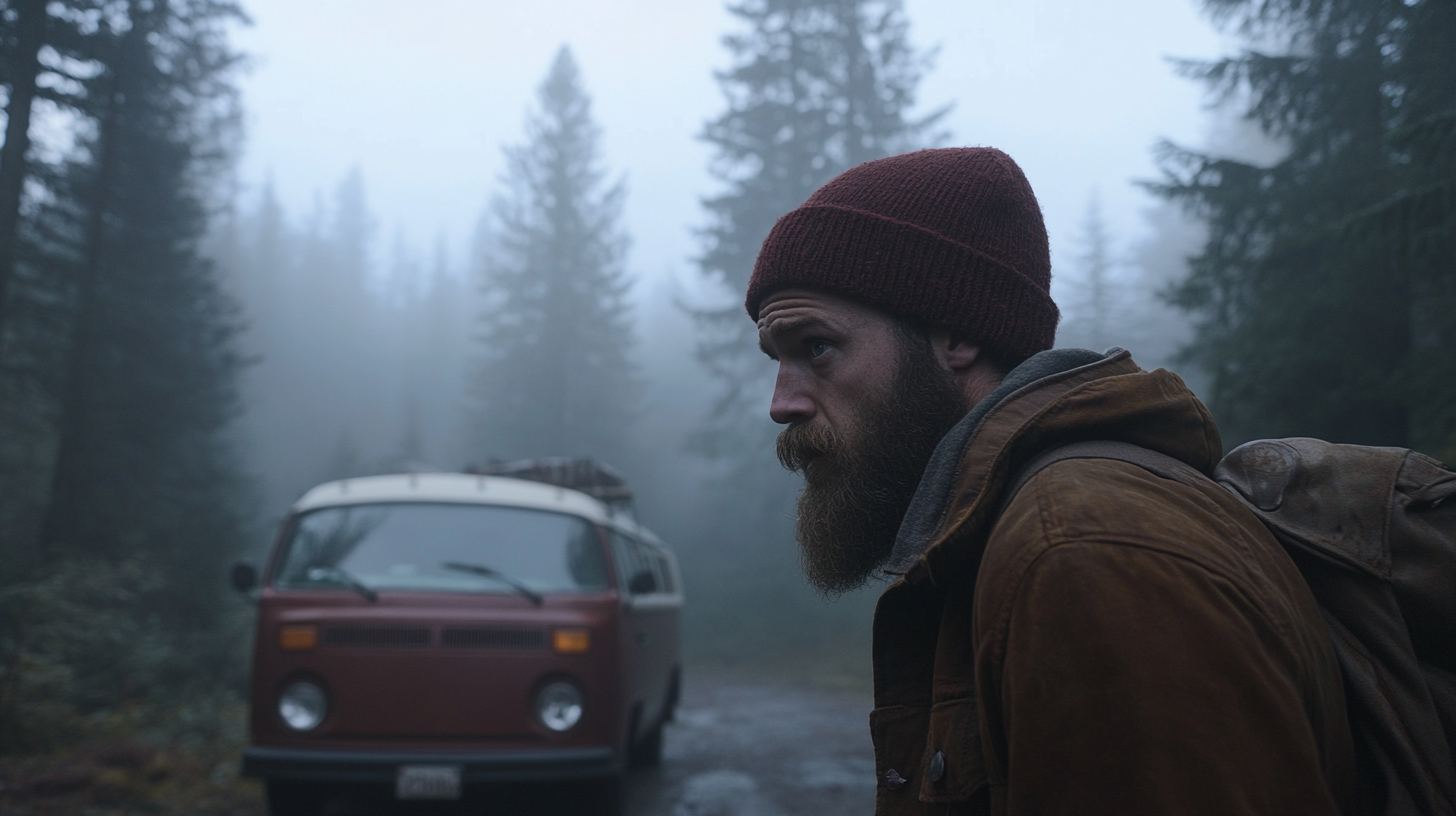 A Rugged Man Walking in Misty Forest