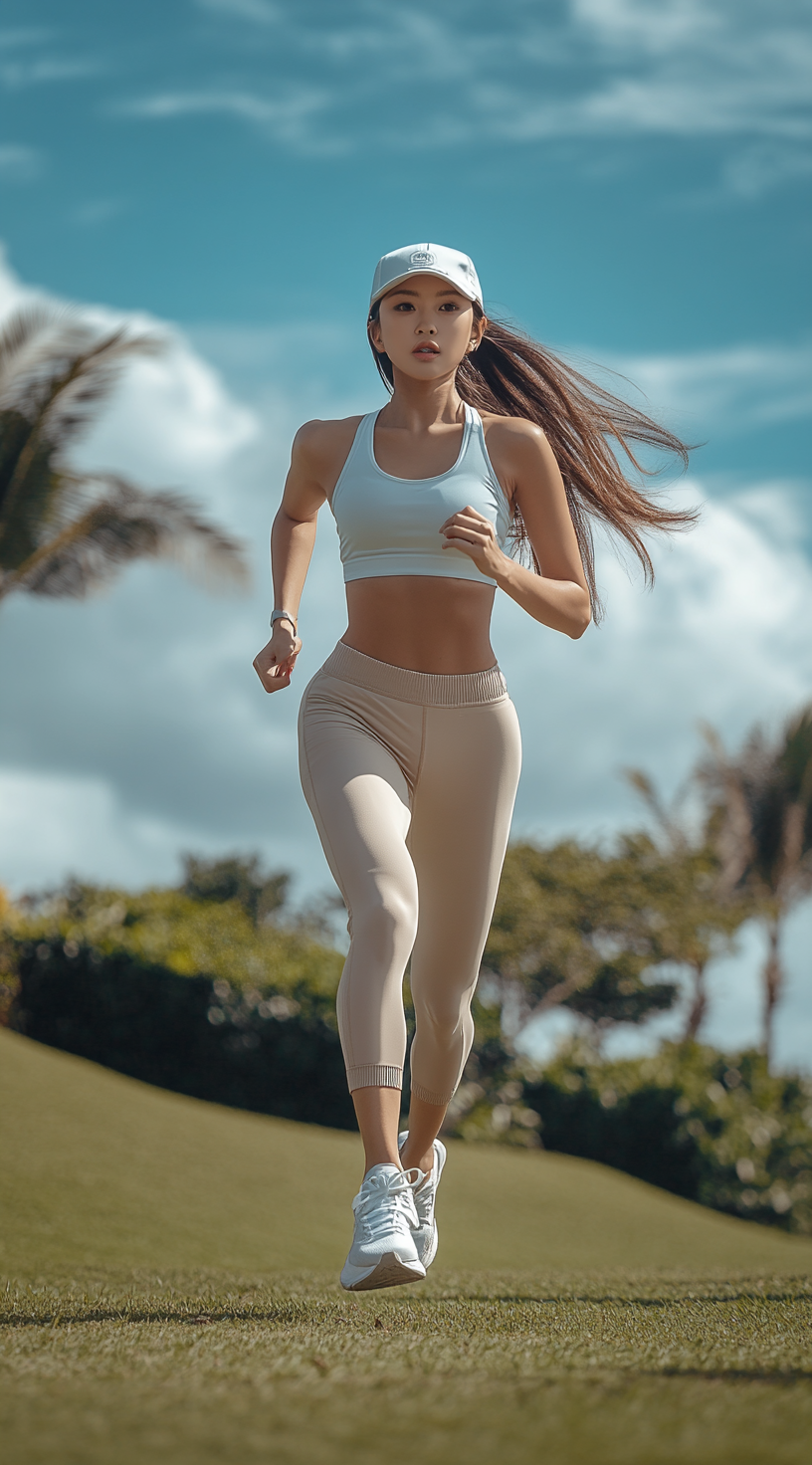 Asian Woman Running in Park with Nature Background