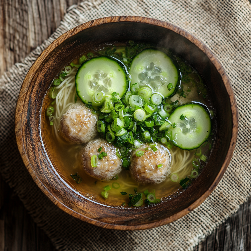 A Rustic Bowl of Meatball Soup With Veggies