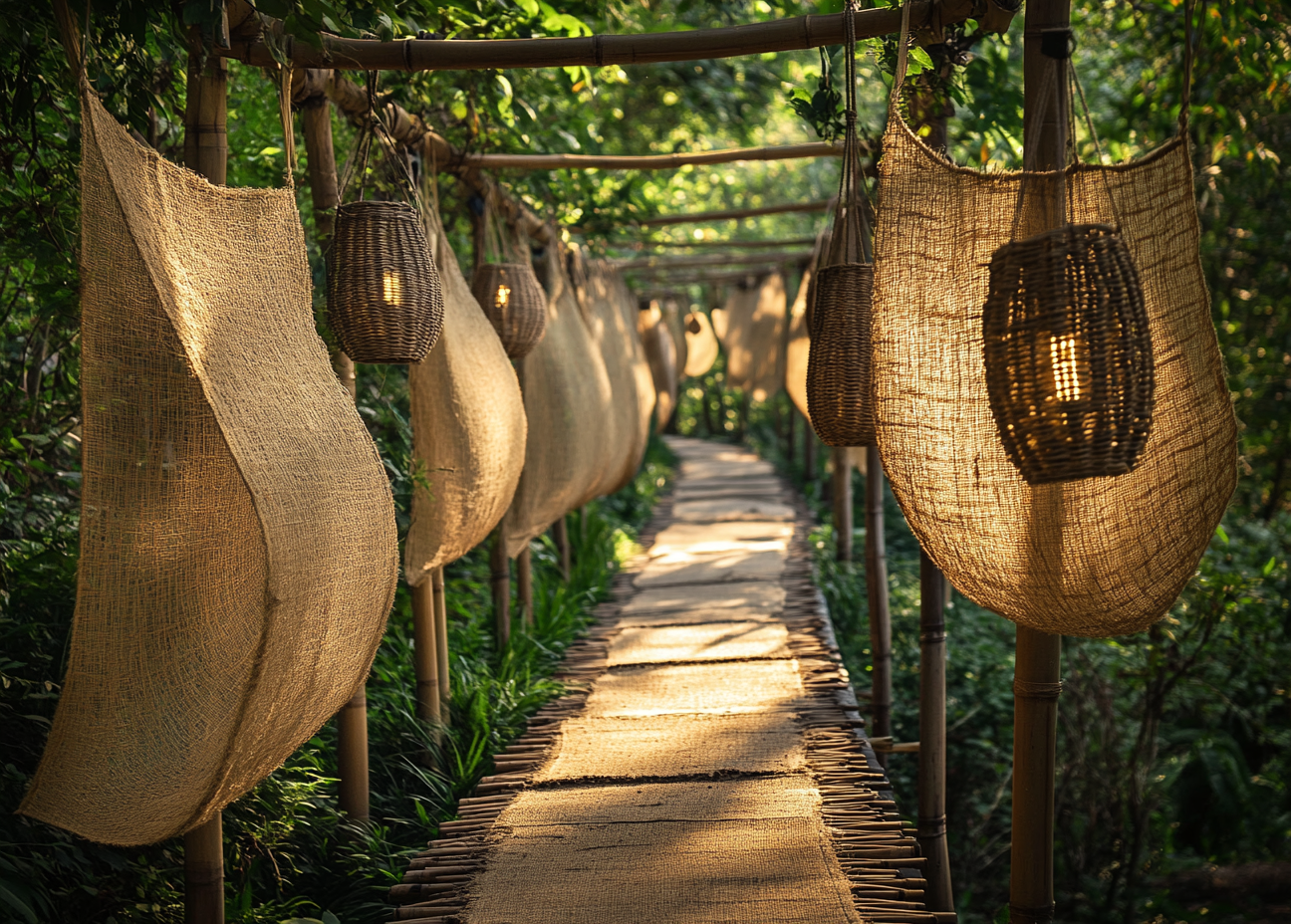 A Rustic Walkway with Woven Baskets and Light