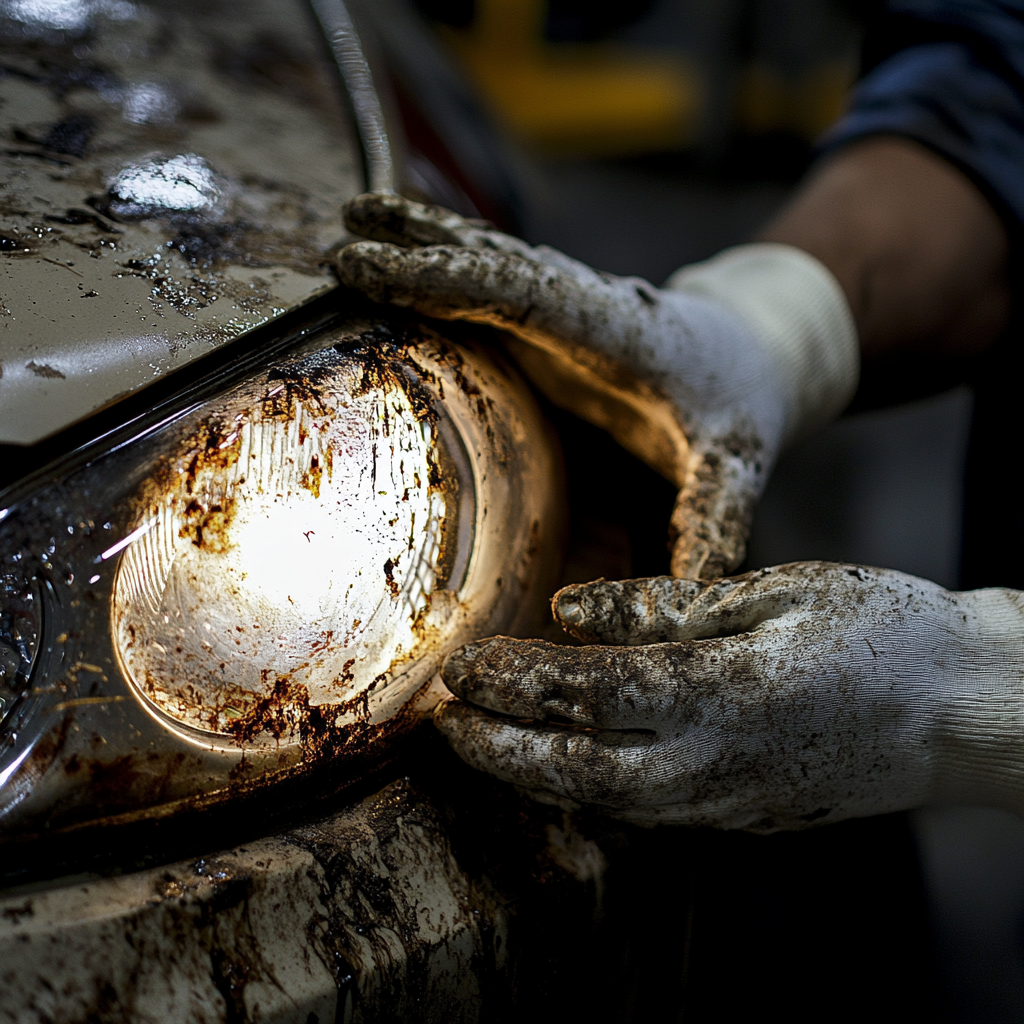 A Sad American Worker Cleaning Dirty Headlights