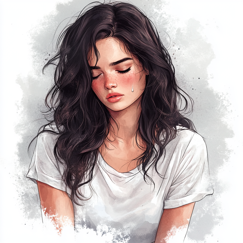 A Sad Beautiful Girl in Watercolor Illustration