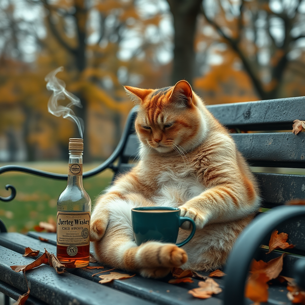 A Sad Cat in Autumn Park Drinking Coffee