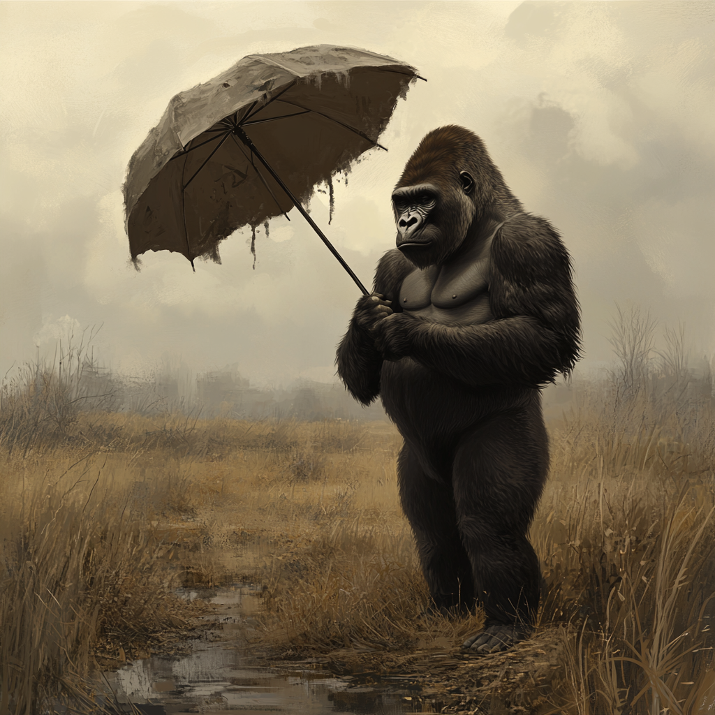 A Sad Gorilla Holds Umbrella in Empty Land