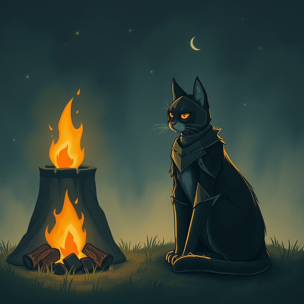 A Sad Knight Cat by the Fire