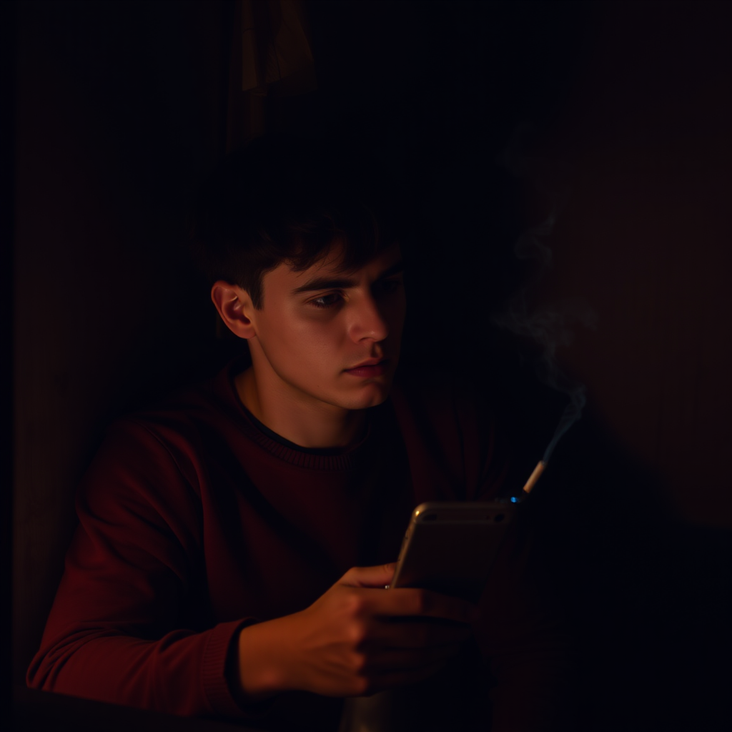 A Sad Young Man in Dark Room