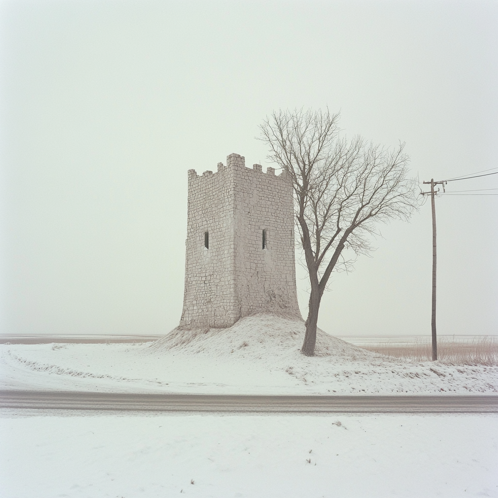 A Sand Castle in Snow Desert with One Tree