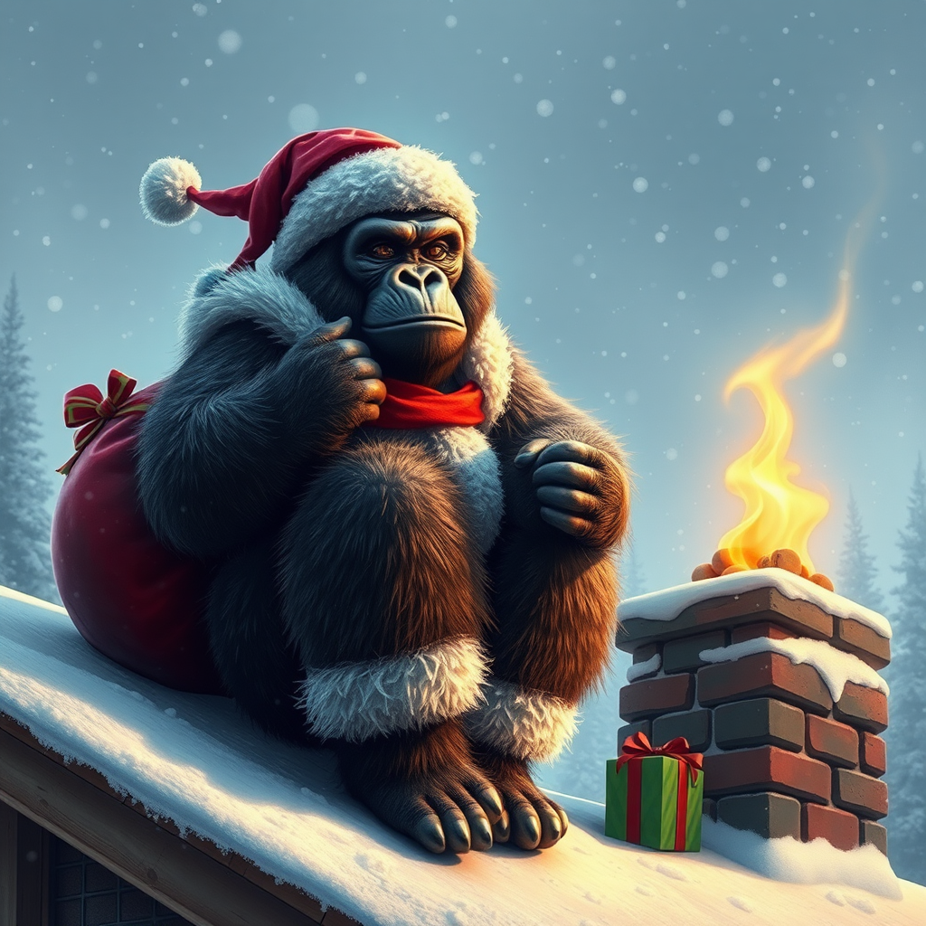 A Santa gorilla on snowy roof with gifts.