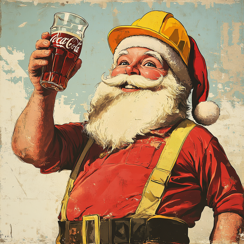 A Santa wearing a yellow hat, holding soda.