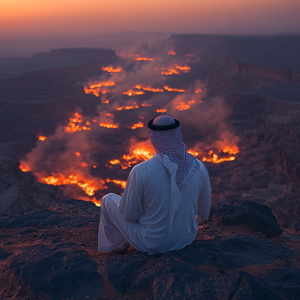 A Saudi Man in White Looking at Desert Fire.