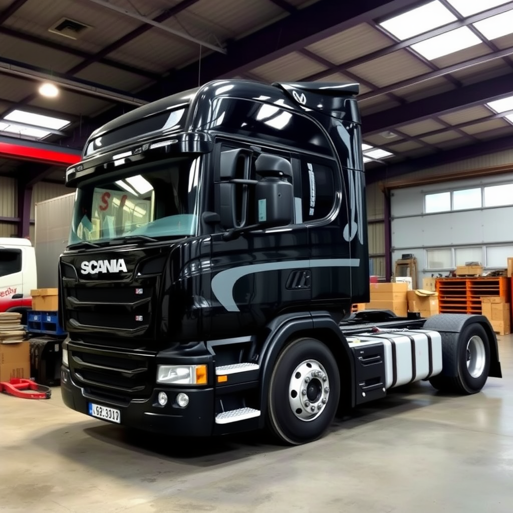 A Scania Truck Under Repair in a Shop
