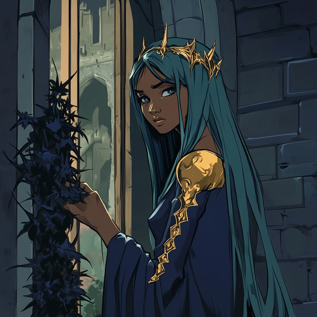 A Scared Black Princess in Castle Window