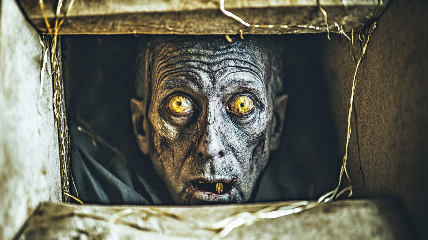 A Scary Monster in Dark Coffin with Yellow Eyes