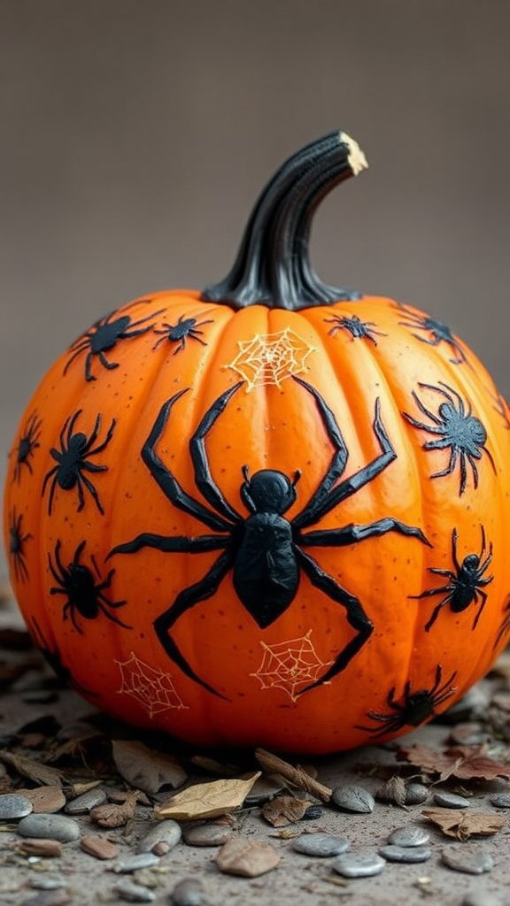 A Scary Spider Pumpkin Covered in Painted Spiders.