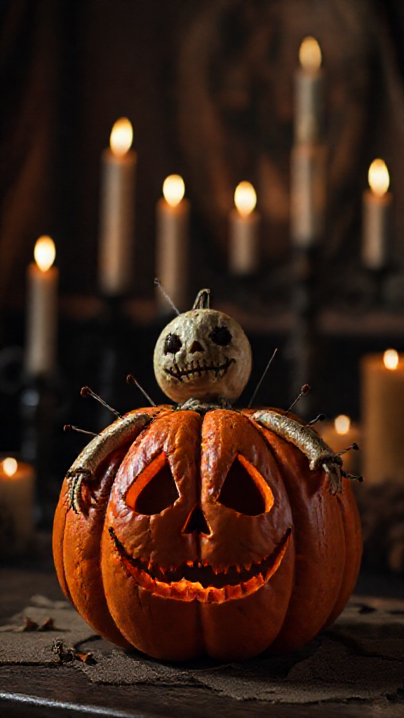 A Scary Voodoo Doll Pumpkin in Dark Room