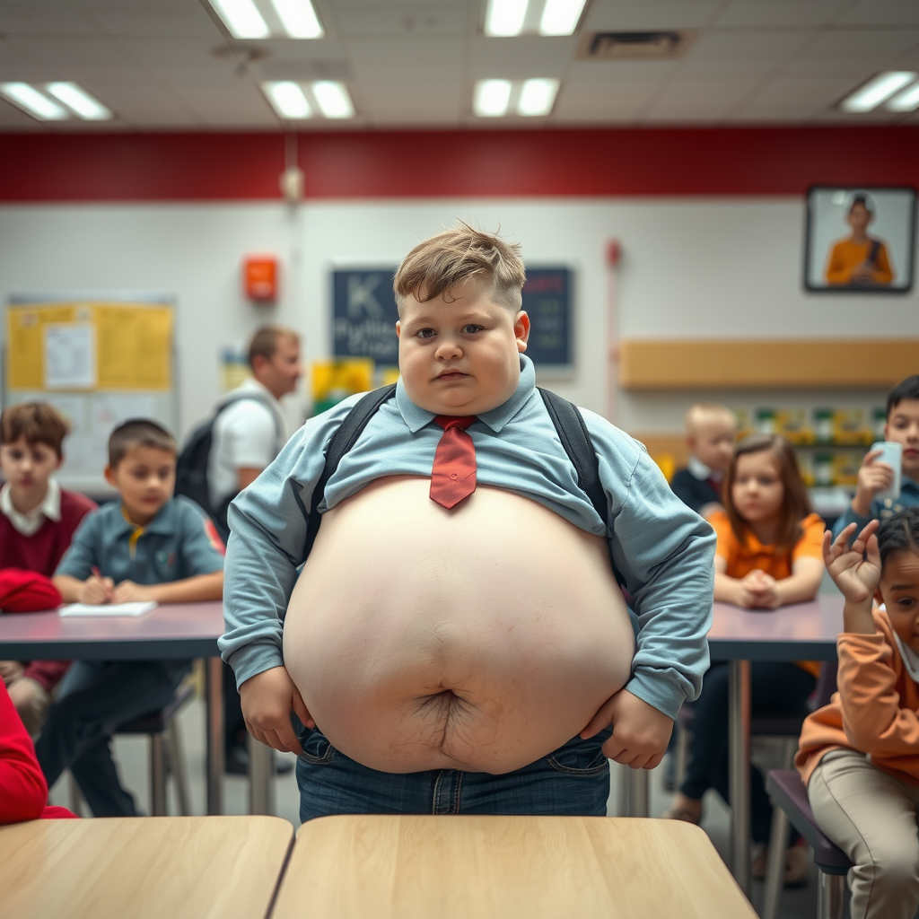 A School Boy with Big Belly Being Cheered