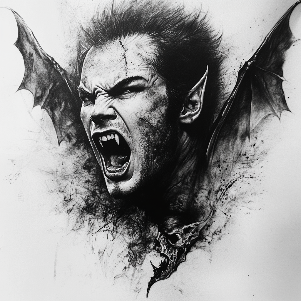 A Screaming Male Vampire with Open Bat Wing