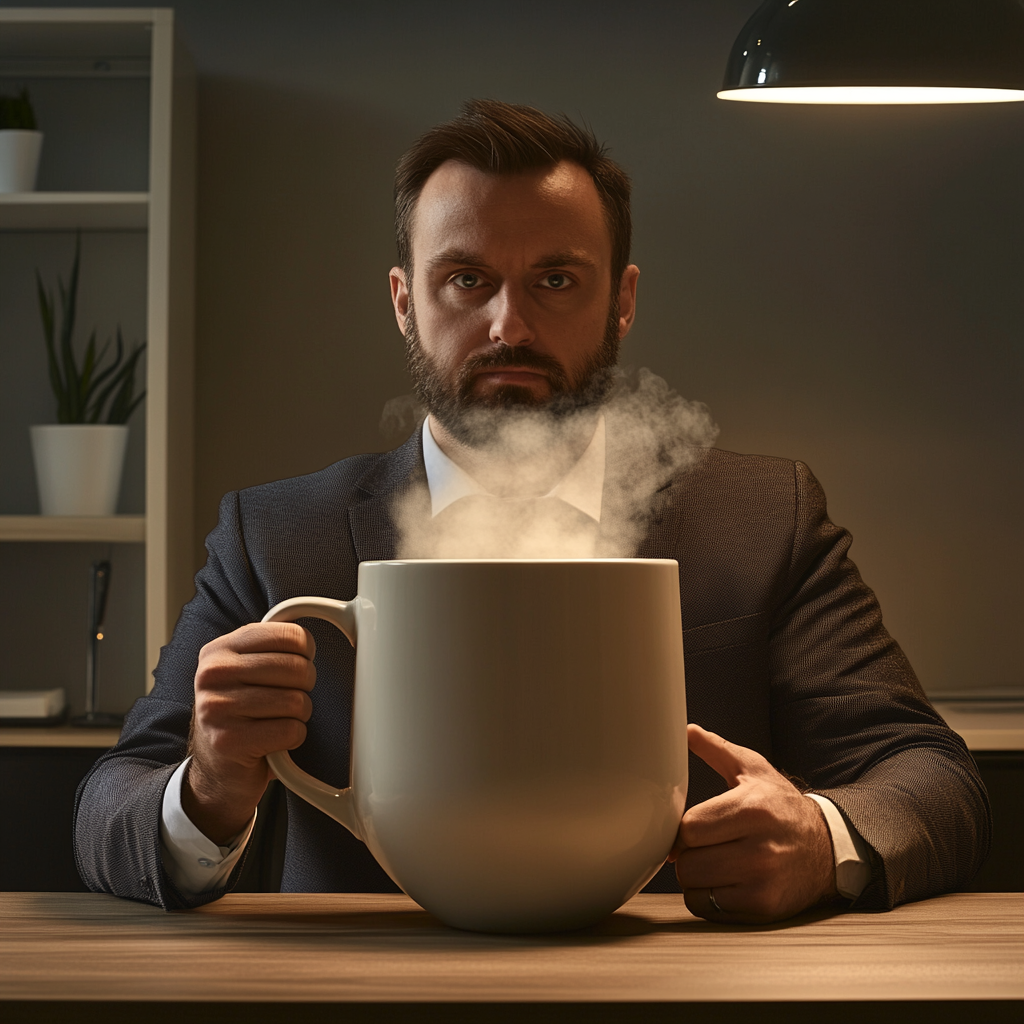 A Serious Businessperson with Oversized Coffee Mug