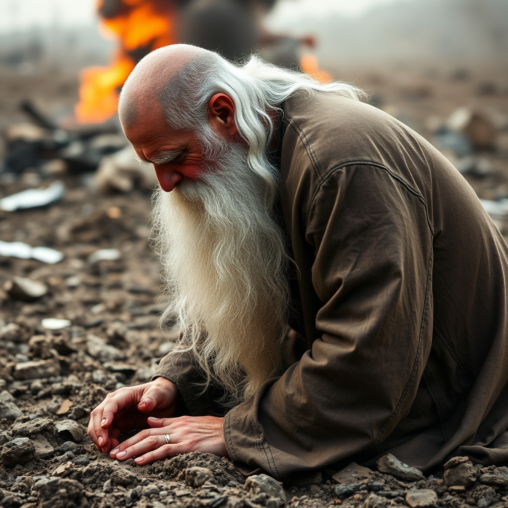 A Shia mullah with white hair kneels in mud