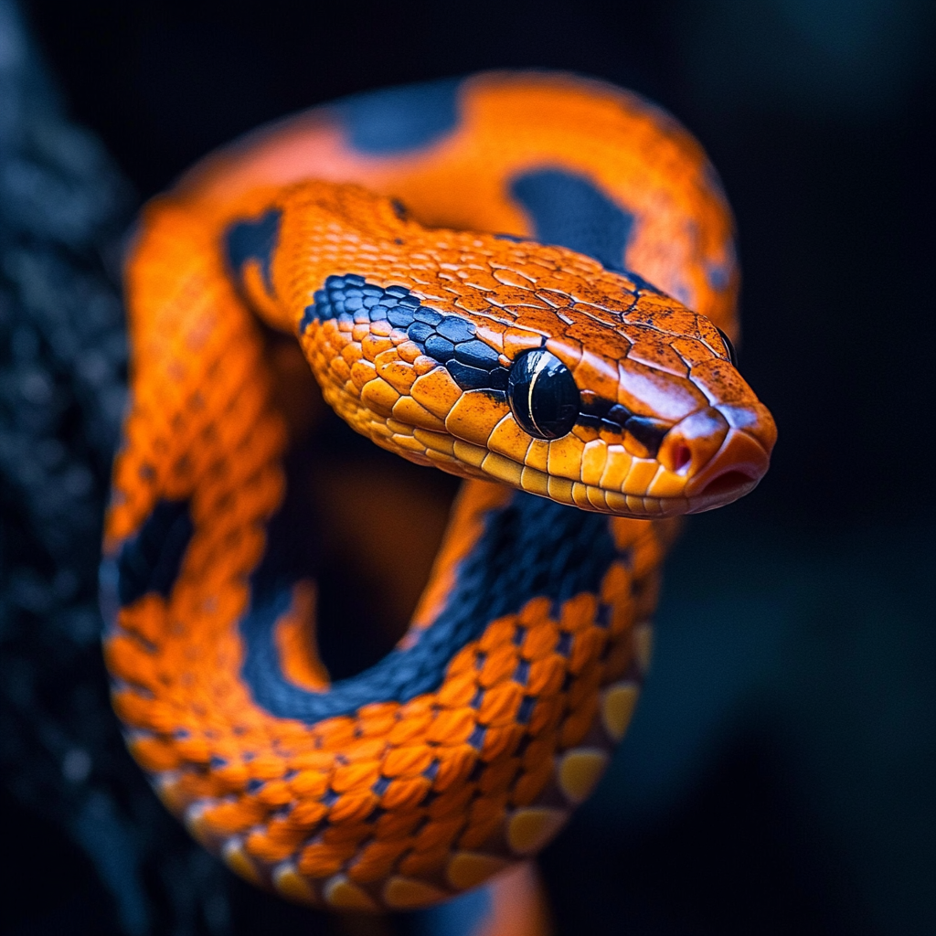 A Shiny Snake with Black Markings Slithering Forward