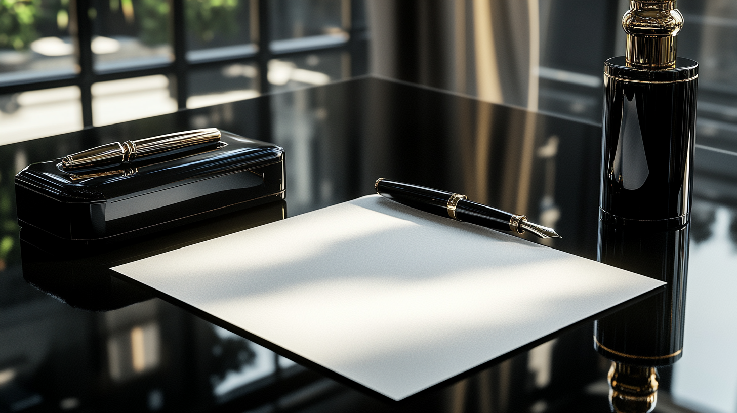 A Shiny Table with Parchment, Ink and Pen