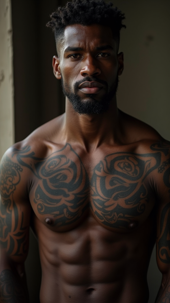 A Shirtless Man with Tattoos, Dark-Skinned