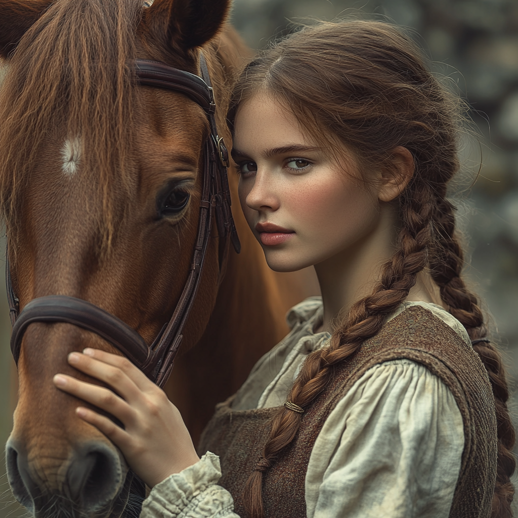 A Shy Medieval Woman with Brown Hair and Horse