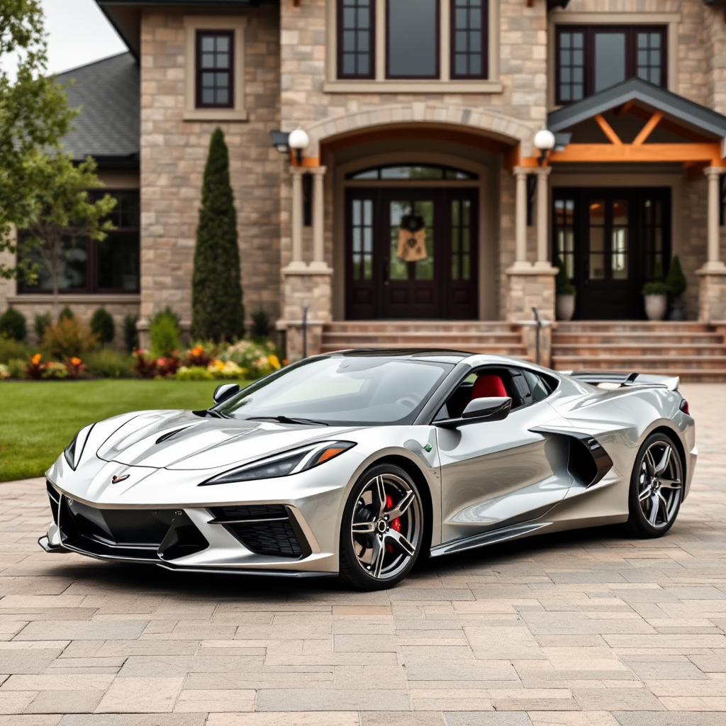 A Silver Corvette parked in front of house