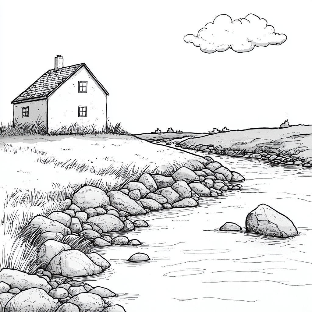 Illustration of a Simple House by Rocky River Bank. Coloring Book