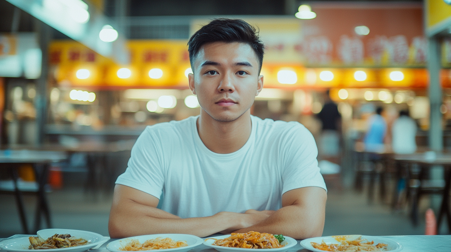 A Singaporean Man Sitting on Table with Food