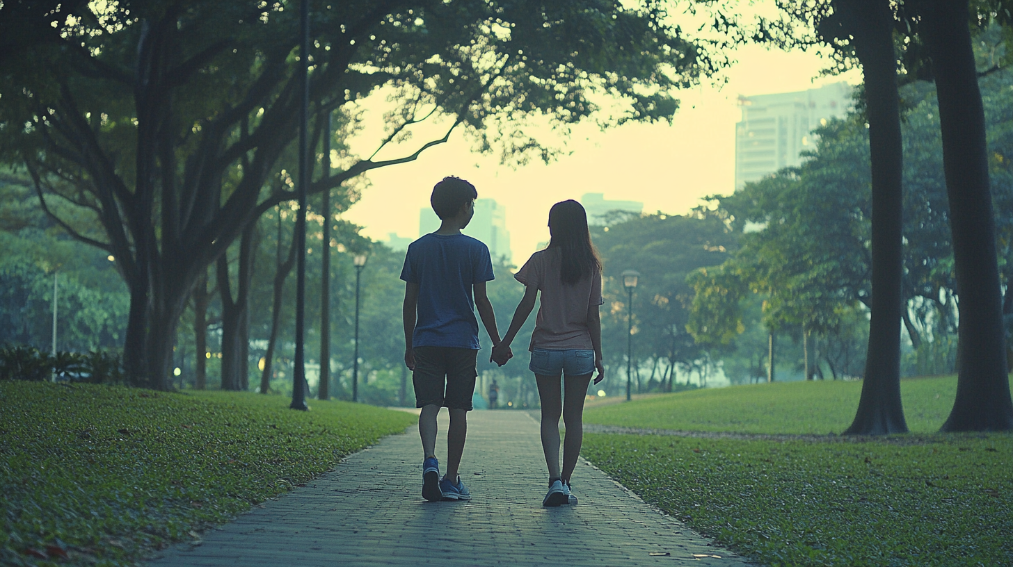 A Singaporean couple holding hands in the park