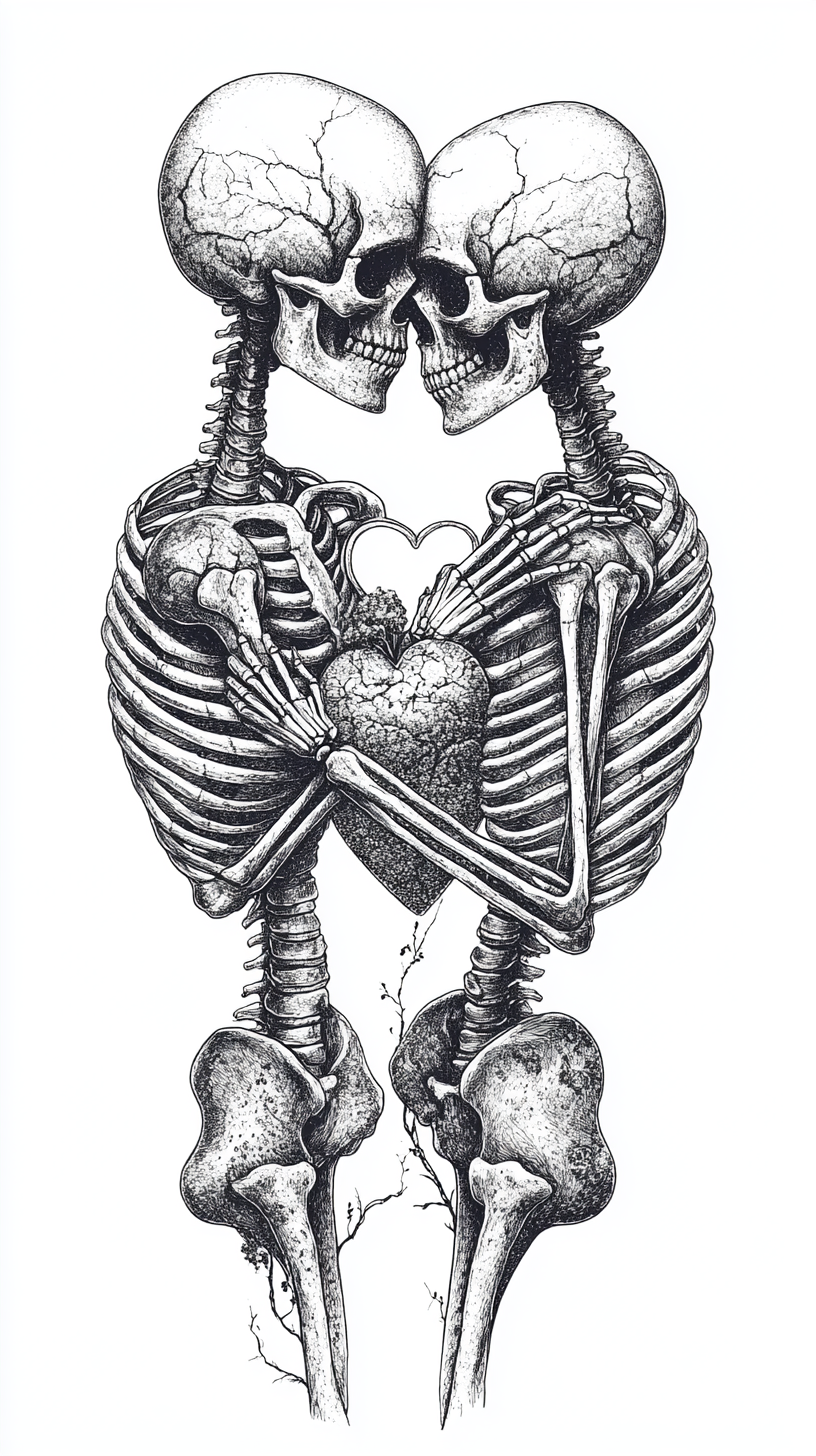 A Skeleton Couple Hugging and Holding Heart Illustration