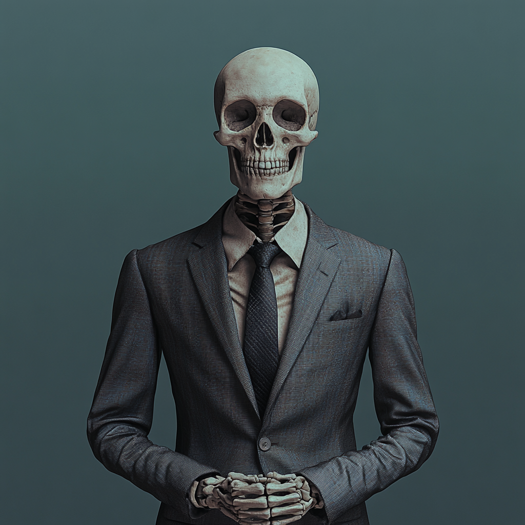 A Skeleton in Suit Standing at Angle